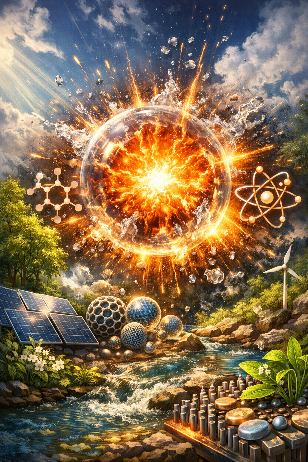 Illustration of cavitation bubbles collapsing in water, symbolizing nano‑scale forces used in environmental cleanup and sustainable industrial processes.